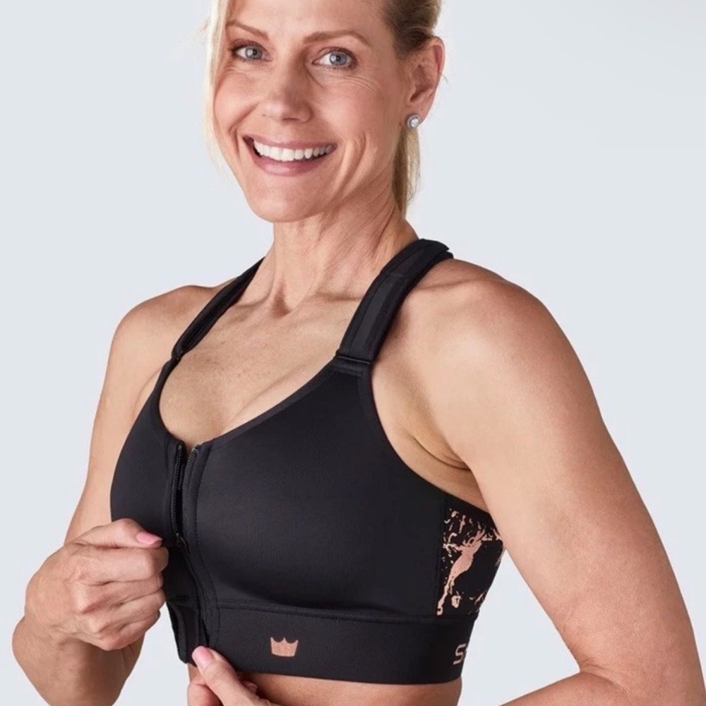 Shefit Flex Sports Bra High Impact Zip Front Black‎ Gold Adjustable 4Luxes EUC